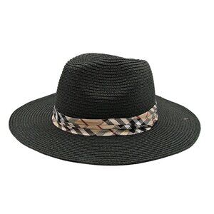 Black Wide Floppy Brim Sun Hat Plaid Band Beach Travel OSFM Rockabilly Western